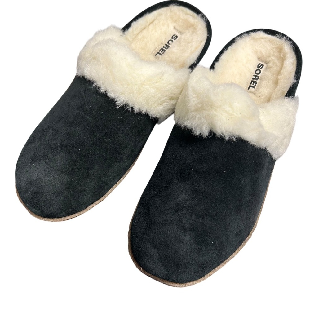 NWT NIB SOREL‎ Women 12 Nakiska II Faux Shearling Slide Slipper Black Natural